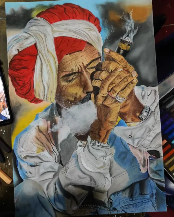 The final portrait of an old man, created with soft pastels and pastel pencils on paper. This was my first major portrait project, and I'm proud of the realistic details in the skin texture, beard, and turban.
