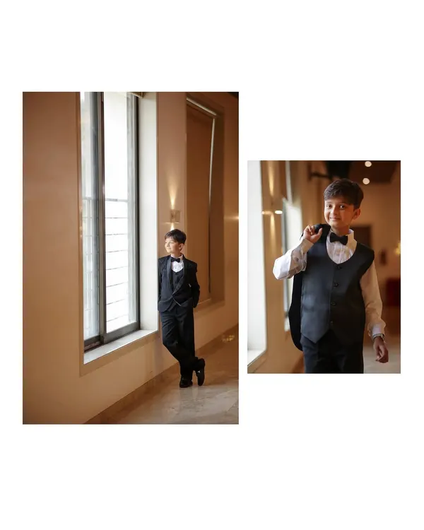A collage of a 10-year-old boy looking sharp in a black suit for his birthday celebration.