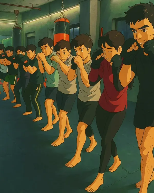 Follow the trend of fighters. This image captures the discipline of a group training together, all focused on becoming stronger every day.