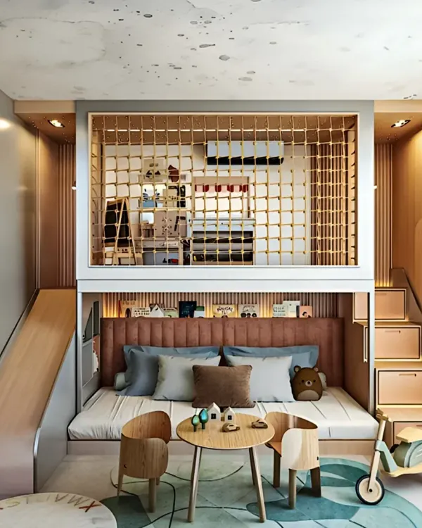 A multi-functional bunk bed designed for a child's room, featuring a playful slide, integrated storage stairs, and a cozy lower bed that doubles as a seating area. This custom piece maximizes floor space while creating a fun and imaginative environment.