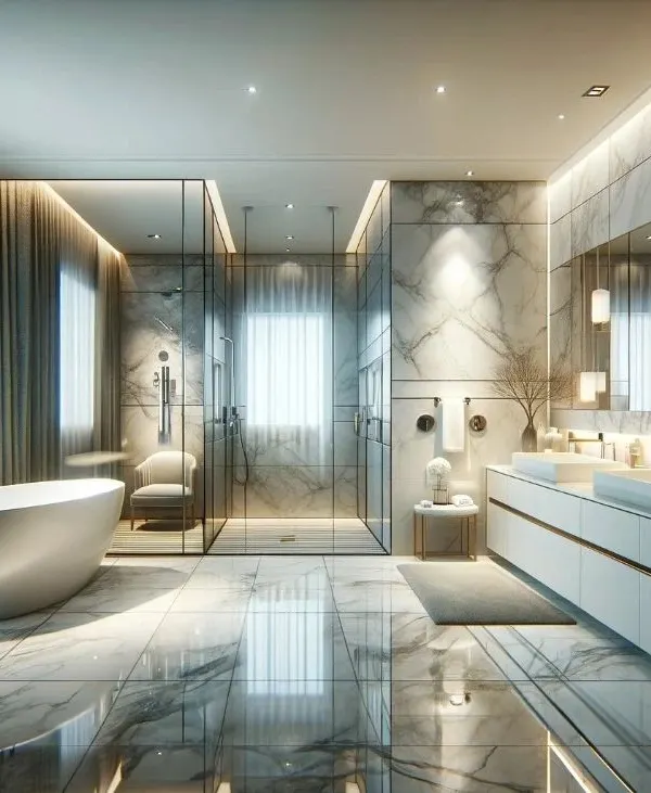 This bathroom is a vision in white marble, creating an atmosphere of pure luxury. A freestanding bathtub, a spacious glass-enclosed shower, and a floating dual vanity are all illuminated by soft, layered lighting.