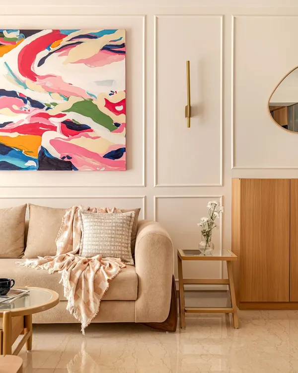 The final installation of the 5ft x 4ft vibrant abstract piece in a Mumbai home. It brings so much energy and color to the neutral space, creating a perfect focal point above the sofa.