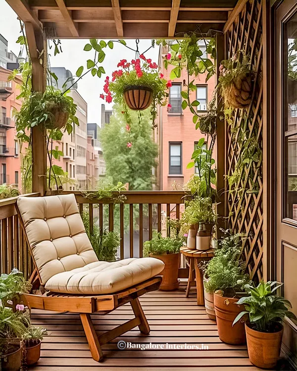 This cozy balcony has a rustic, cottage-like feel. The comfortable wooden lounge chair, surrounded by climbing vines and potted plants, creates the perfect spot to read a book and escape the city bustle.
