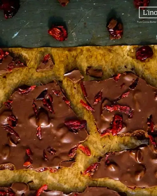 Our handcrafted chocolate bark, generously topped with dried cranberries. This image captures the rustic, artisanal nature of our bean-to-bar process, where passion and dedication go into every piece.