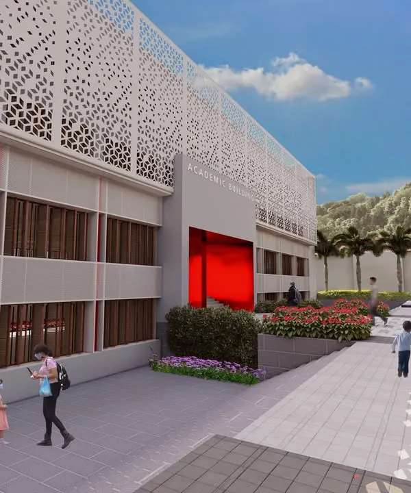 Our design for the UNACCO School in Chanung, envisioned as the largest sports residential school in India, featuring a modern academic building with a distinctive perforated facade.