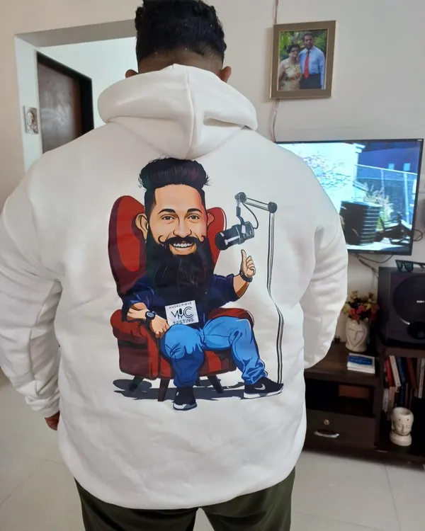 Your caricature isn't just for the wall. I can have your personalized artwork printed on high-quality apparel, like this custom hoodie, making it a truly unique and wearable piece of art.