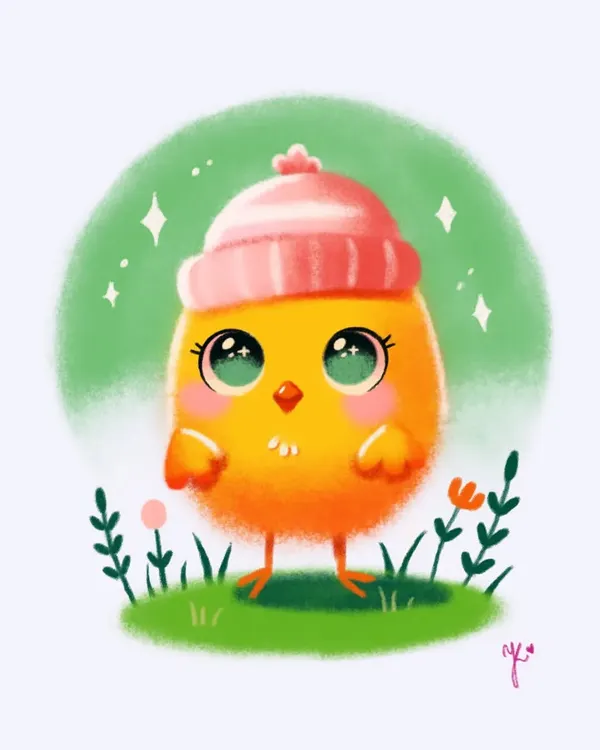 A cute and fluffy chick I painted digitally. This soft, sparkly style is perfect for nursery art or a sweet, personalized illustration.