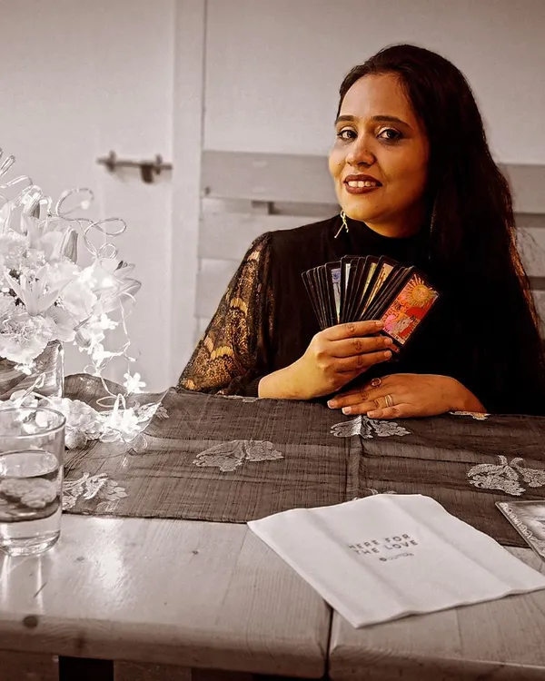 My tarot table, set for a session at a Bumble India event. The cards are not just paper, they are a gateway to conversation with the universe, ready to reveal the stories that need to be told.