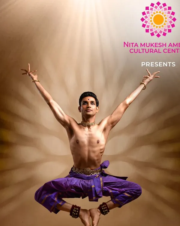 A dynamic leap captured for my performance of 'Raṅg - The Blue Color Lord' at the Nita Mukesh Ambani Cultural Centre. This pose embodies the power and grace of Kuchipudi that I strive to share in every solo recital.