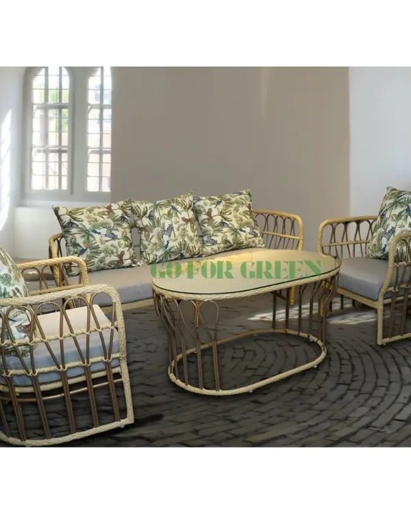 This beautiful rattan-style sofa set includes a two-seater, two single chairs, and a matching coffee table. The natural finish of the frame paired with leafy-print cushions creates a fresh, nature-inspired look. It’s a perfect set for creating a relaxed and stylish lounge area on your patio or in your garden.