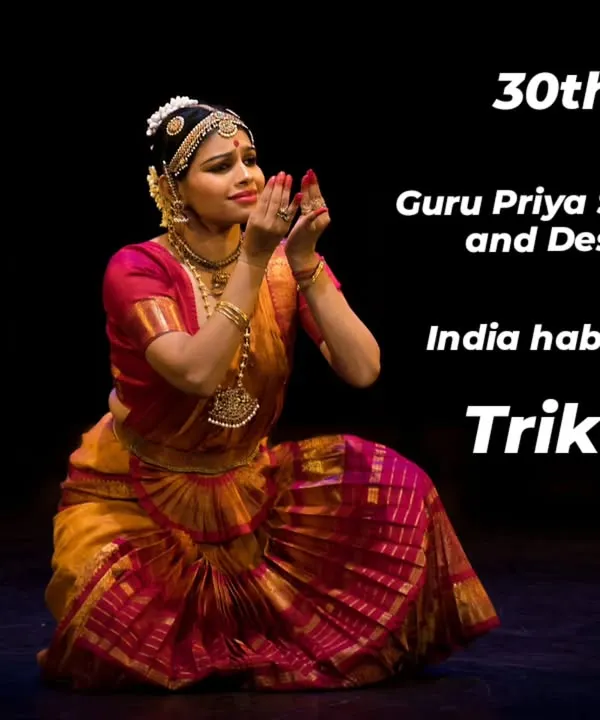 An announcement for a Bharatanatyam performance by Guru Priya Srinivasan and her disciples, hosted by Trikayaa at the India Habitat Centre.