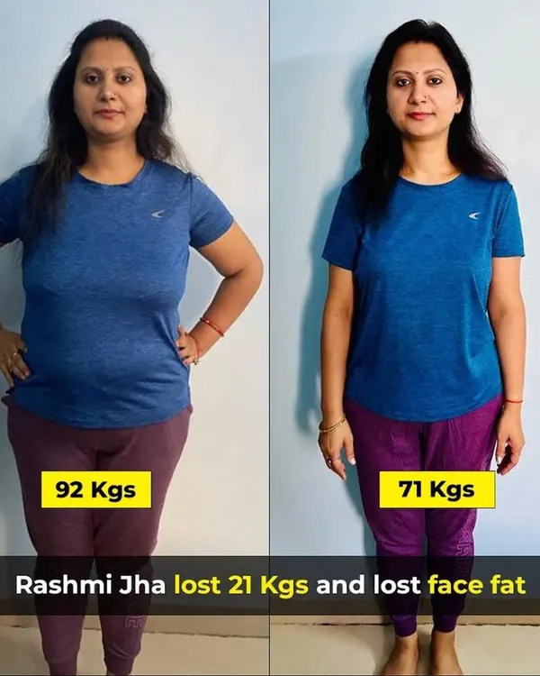 This is Rashmi, who lost an incredible 21 kgs in 6 months. Her journey is a testament to how consistency with simple home-cooked meals and manageable workouts can lead to life-changing results. I'm incredibly proud of her dedication.