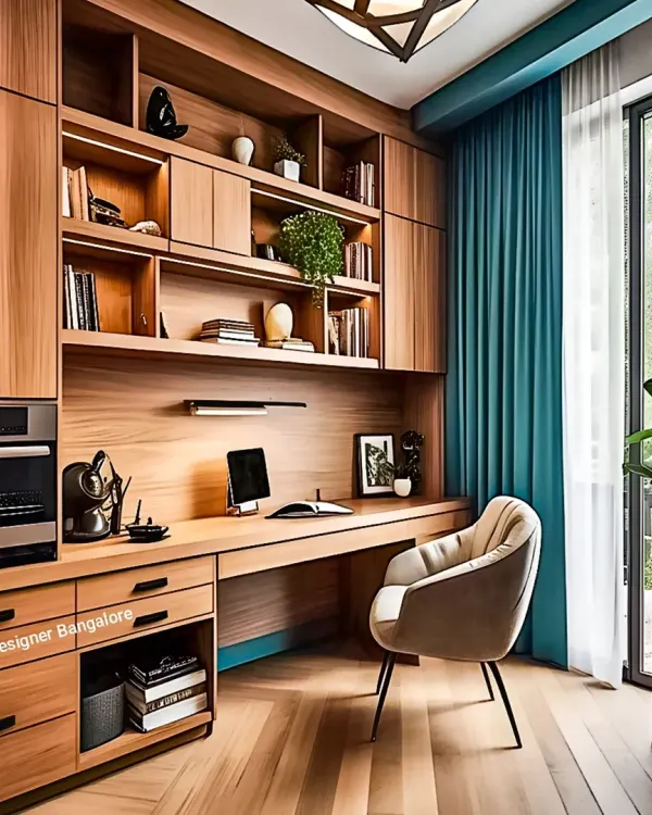 A complete home office solution with floor-to-ceiling wooden cabinetry. The design includes a spacious desk, ample shelving for books and files, and even an integrated oven, making it a truly multi-functional space.