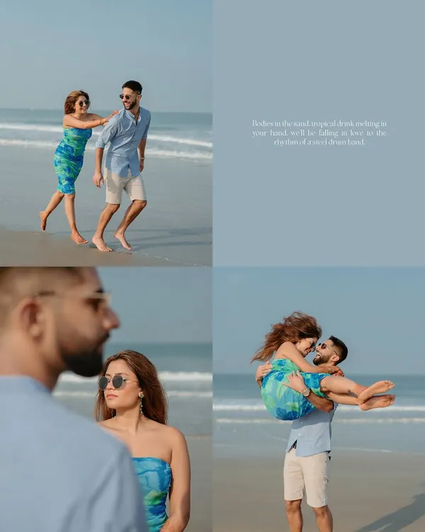 A collage from a fun pre-wedding shoot on a Goa beach. It shows the variety of playful and candid moments we can capture, from chasing the waves to romantic lifts.
