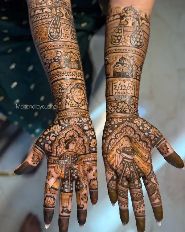 I specialize in turning your hands into a canvas for your love story. This bridal mehendi features detailed portraits of the bride and groom, along with their wedding date, creating a piece of art that is deeply personal and unique to their journey.
