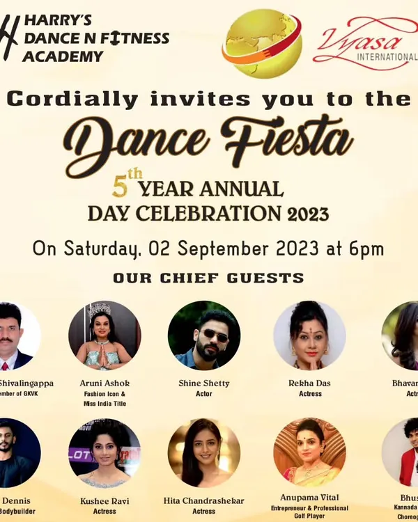 The official invitation for our 5th Year Annual Day Celebration, 'Dance Fiesta'. I was honored to have so many esteemed chief guests join us to celebrate this milestone.