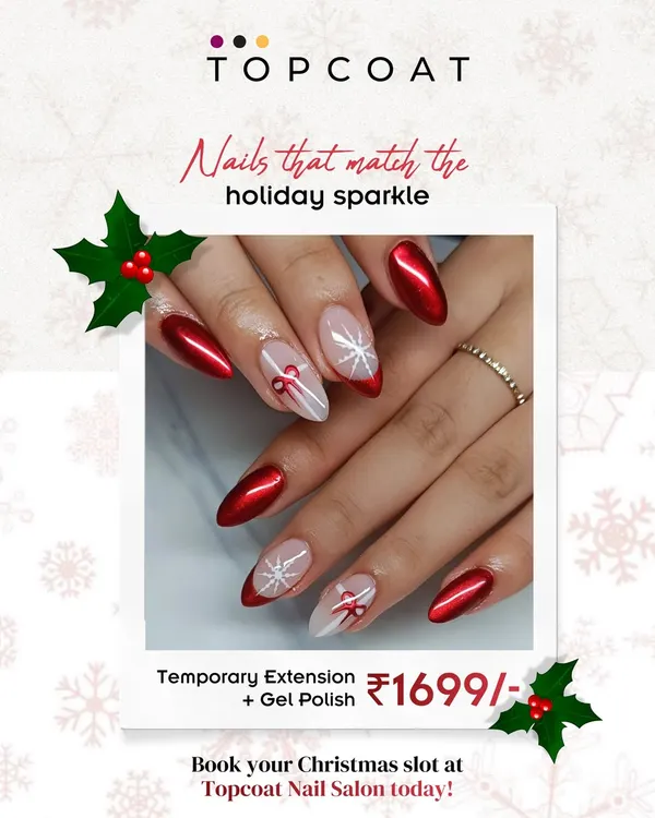 Nails that match the holiday sparkle. This Christmas design features metallic red nails paired with accent nails showing delicate, hand-painted bows and snowflakes. I offer this look as part of a special temporary extension and gel polish package.