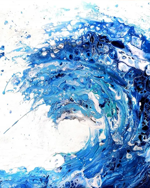 This fluid art piece captures the energy of a powerful ocean wave. I used a Dutch pour technique to move the paint, creating the spray and motion. It’s about washing away the old and welcoming fresh, healing energy.