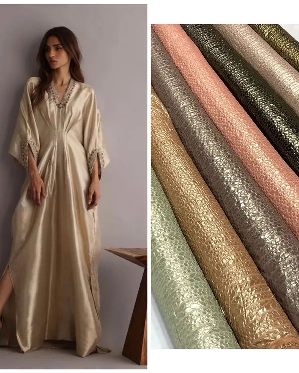 This is how my crushed georgette shimmer foil fabric comes to life. I love seeing it transformed into elegant, flowing garments like this kaftan, perfect for making a statement at any event.