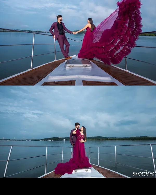 An aerial and eye-level view of a couple's yacht photoshoot. The flowing magenta trail gown creates a stunning visual against the water, showcasing the kind of epic shots you can get with my rental gowns.