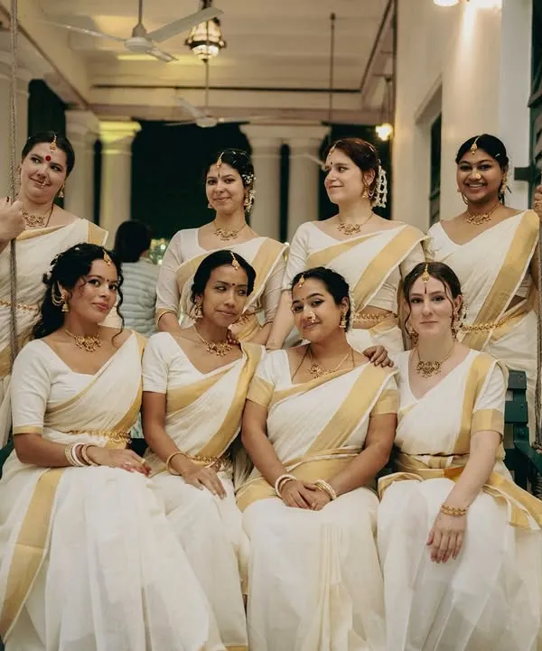 The lovely bridesmaids from England, all draped in traditional Kerala Kasavu sarees. It was a pleasure to drape for this diverse group and create a unified, elegant look.