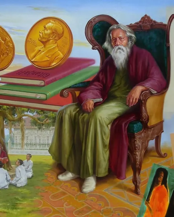 My oil on canvas painting titled 'The great legendary Guru Devo Ravindranath Tagore'. This piece, now in a collection in London, is my tribute to his immense contribution to art and literature.