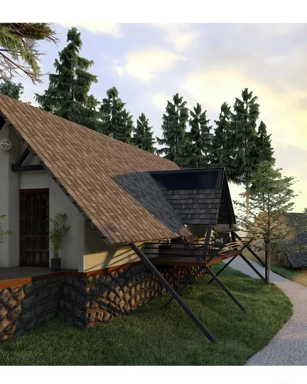 A detailed render of a proposed resort cottage, elevated on stilts to minimize its footprint on the hillside. This design choice not only respects the natural terrain but also provides guests with enhanced views and a unique sense of living among the trees.