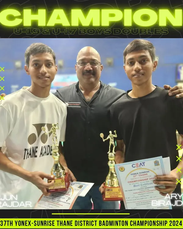 Double champions Arjun and Aryan Birajdar after winning both the U-17 and U-19 Boys Doubles titles at the 37th Thane District Badminton Championship.