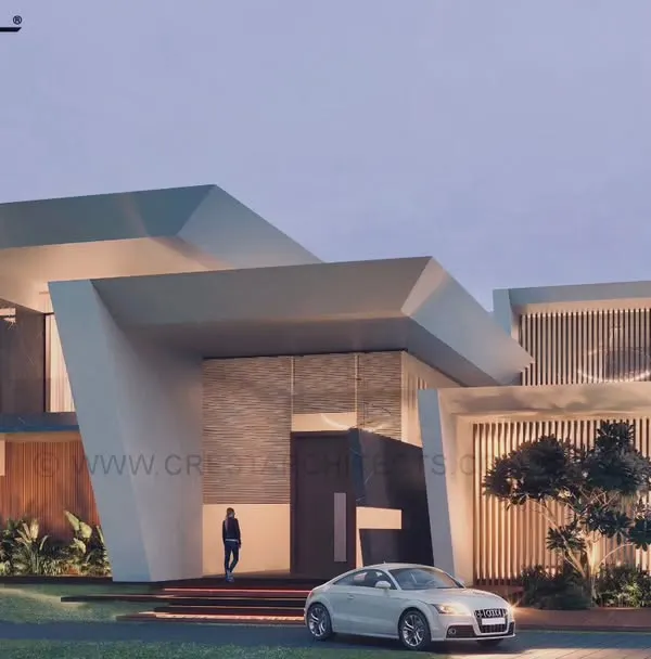 A 3D render of a 16,000 sq ft residence in Dharmavaram. This conceptual design showcases our exploration of dynamic, angular volumes and a dramatic, illuminated facade for a luxury home.