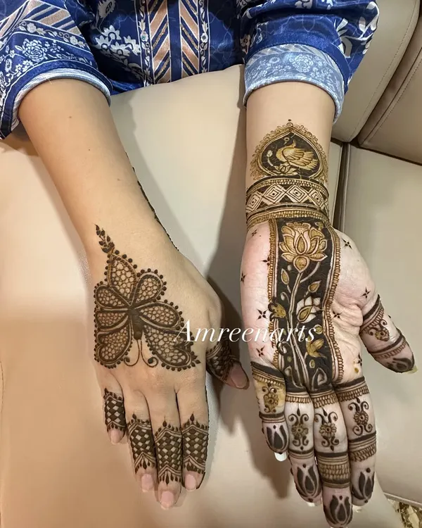 A beautiful example of two different styles for a festive occasion. One hand features a modern floral pattern, while the other has a more traditional design with a peacock and lotus.
