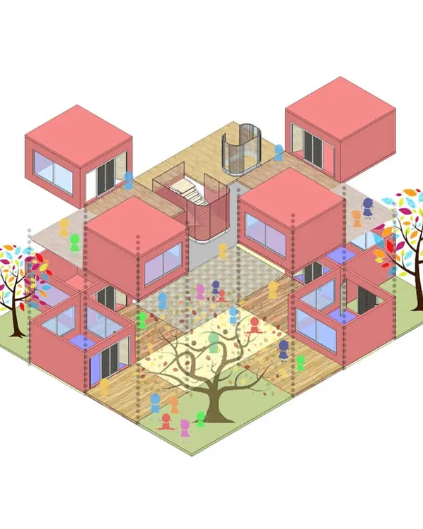 A conceptual diagram for a kindergarten in Lucknow. This axonometric drawing illustrates the core idea of using modular classrooms to carve out a variety of interconnected open spaces, including individual play decks and shared courts, to encourage interactive learning.