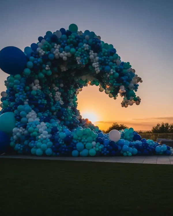 This is what I mean by turning balloons into art. This large-scale wave sculpture, set against the sunset, shows the kind of unique, custom balloon installations I can create for high-impact events.