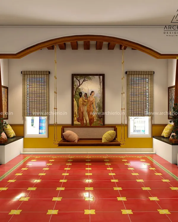 This space is a tribute to traditional South Indian architecture. The vibrant red oxide flooring, wooden swing, and classic pillars create a courtyard-like feel that is both timeless and elegant.