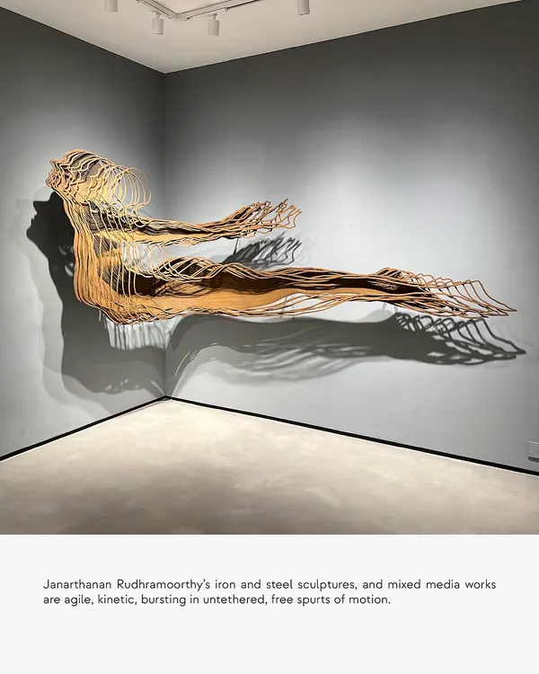 This kinetic iron sculpture by Janarthanan Rudhramoorthy captures the human form in a moment of untethered motion. The interplay of layered metal and shadow speaks to the complexity of our existence, a central theme we love to explore in the art we curate.