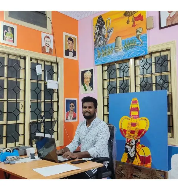 A wide view of my art studio in Bengaluru. It's where I bring all of my creative ideas to life, surrounded by my finished works.