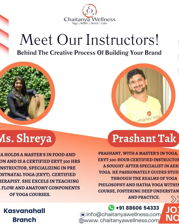 Meet your instructors, Shreya and Prashant Tak. Shreya holds a Master's in Food and Nutrition and is a certified yoga therapist specializing in prenatal yoga. Prashant holds a Master's in Yoga and is a specialist in aerial yoga and yoga philosophy.