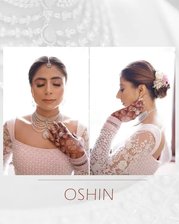 A diptych of a bride in a delicate pink lehenga, showing a serene close-up and a profile shot that highlights her intricate hairstyle and henna.