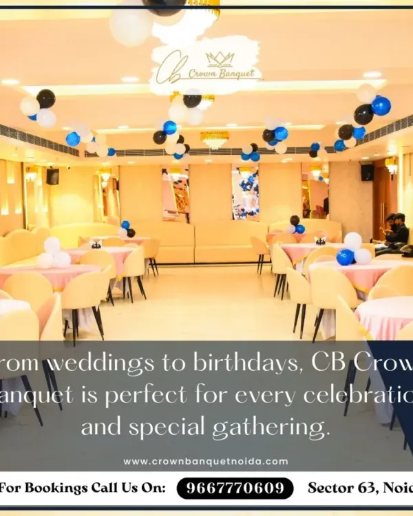 Our hall is perfect for every celebration. This image shows a clean and elegant setup with round tables and simple balloon decor, ready to be customized for your wedding or birthday party.