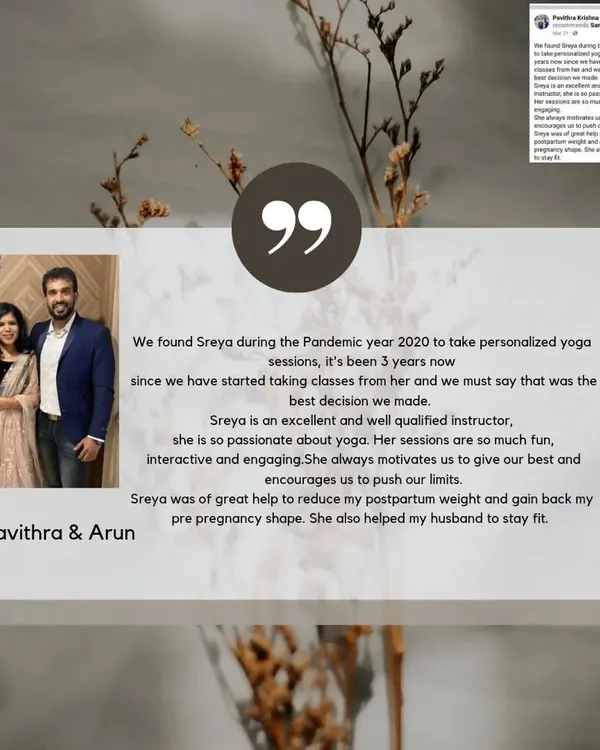 A wonderful review from Pavithra and Arun, who started personalized yoga sessions with me during the pandemic. I'm so happy I could support them through their fitness and postpartum journey.