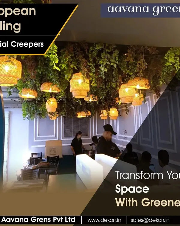 A European-style ceiling decorated with our artificial creepers. This installation transforms the entire ambiance of the restaurant, creating a lush, intimate, and luxurious dining experience.