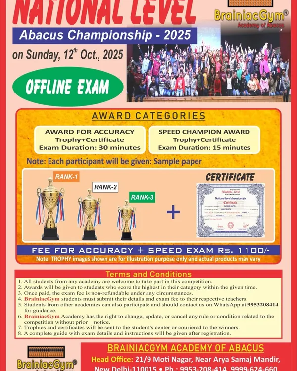 This is the official announcement for the National Level Abacus Championship. I encourage all my students to participate to test their skills and gain valuable experience.
