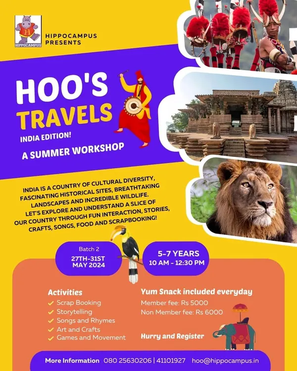 Hoo's Travels: India Edition! This summer workshop poster announces our second batch, where we explore the cultural diversity of India through scrapbooking, stories, songs, and food.