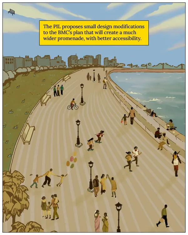 This illustration from a comic strip shows our vision for a vibrant, people-first waterfront promenade. Our public interest litigation proposes small design modifications to the BMC's plan to create a much wider and more accessible public space.