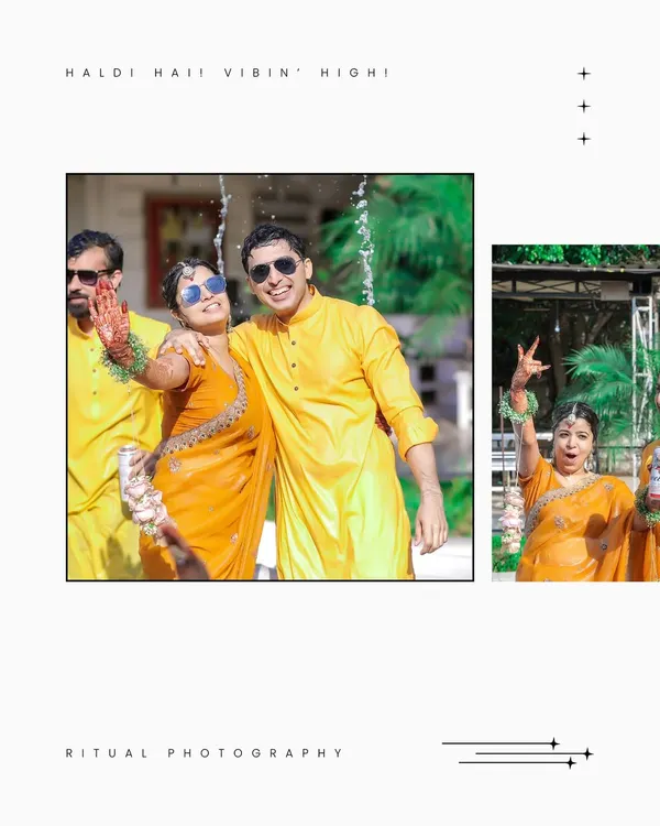 A collage capturing the high-energy "vibin' high" feel of a Haldi ceremony. The couple is seen getting drenched and having a blast with friends.