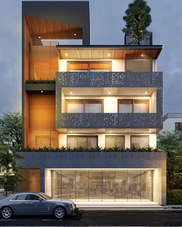 A mixed-use building concept featuring a stunning perforated screen on the upper residential floors for privacy and aesthetic appeal. The ground floor is designed with expansive glass, making it ideal for a high-end retail showroom, while a rooftop tree adds a touch of nature.
