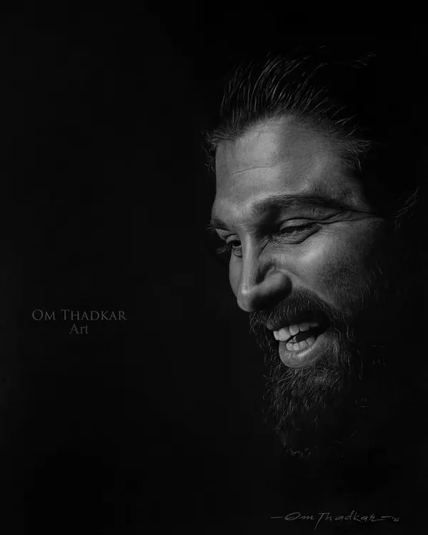 In this charcoal portrait of actor Allu Arjun, I used a high-contrast style with deep blacks to emphasize his expressive smile and charismatic energy. The focus is on capturing that 'star quality' in a dramatic, artistic rendering.