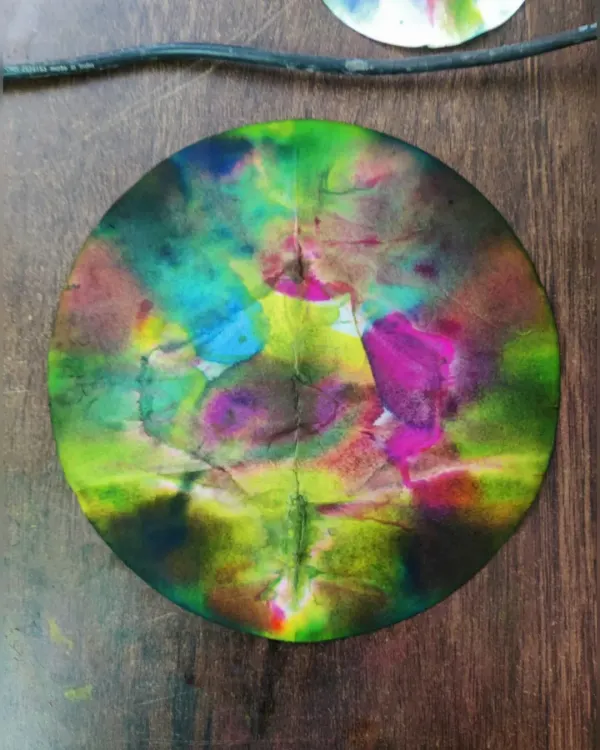 A random moment of art at PCL. This beautiful, colorful pattern was created during a chromatography experiment, where we separate the pigments in ink using a solvent.