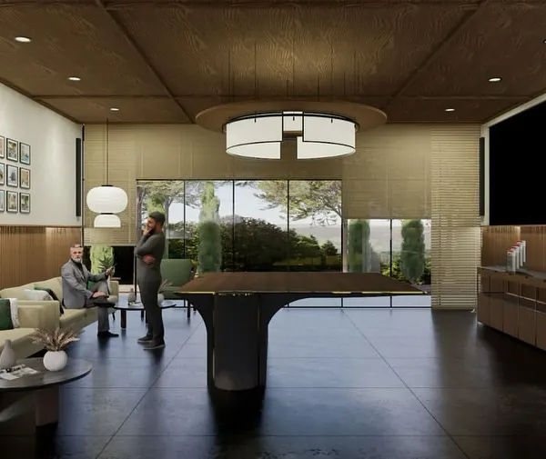 A render for the 'Inhabiting The Forest' experience center, designed to be a dialogue between architecture and nature. This view shows the main lounge area, with its warm wood ceiling, refined furniture, and large windows that frame the landscape.