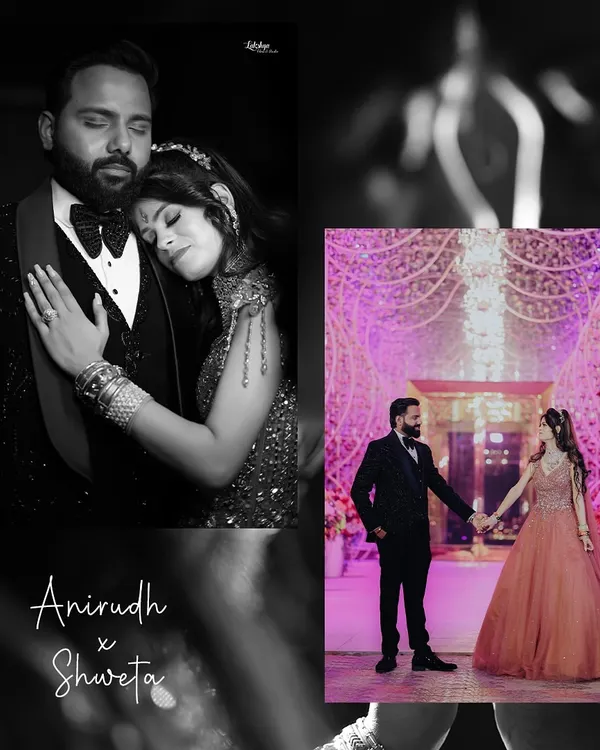 A modern couple's portrait from their engagement night. I wanted to capture both their stylish outfits and the quiet connection between them, creating a timeless black and white photo alongside a shot that shows the grand decor.