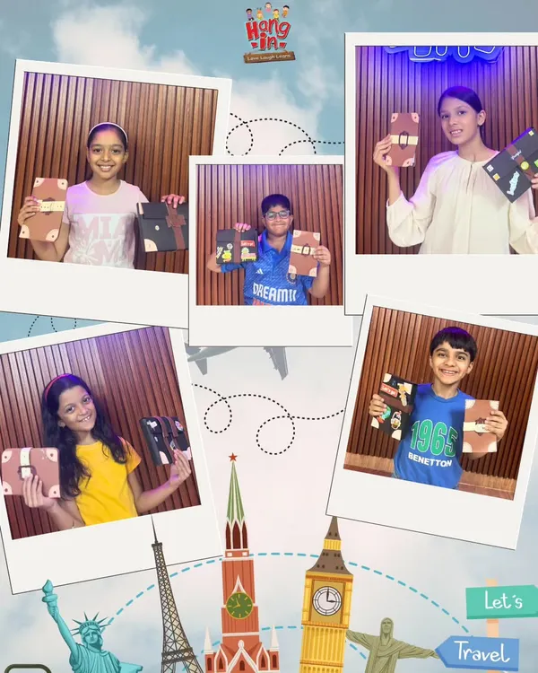 Our summer camps are an adventure in creativity. This collage shows highlights from our 'Around the World' themed camp, where kids designed their own passport notebooks. Each day brought a new country and a new craft to explore.